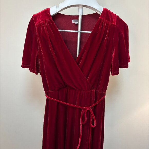 Chelsea28 RomanticBurgundy Velvet Wrap Dress Flutter Sleeve Front Slit Rope Belt - Picture 2 of 13